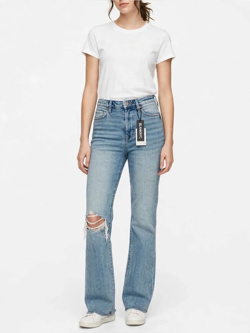 Blank NYC Light Blue High-Rise Flare Jeans with Knee Distress